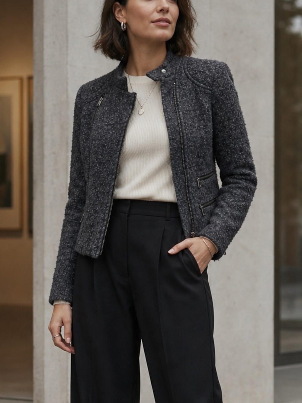 🩶 BANANA REPUBLIC Boucle Moto Style Jacket Asymmetrical Zip Blazer - 0 Petite